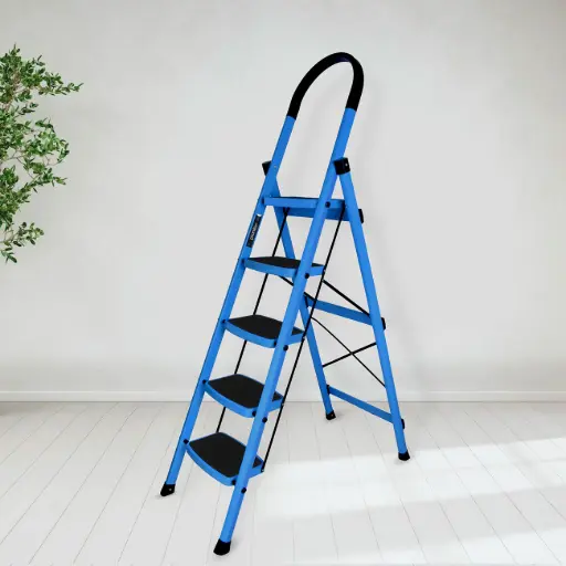 Jainex Premium Steel Foldable 5-Step Ladder for Home - Wide Anti Skid Step Ladder (Blue & Black)