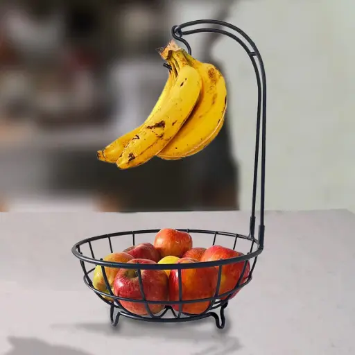 Jainex Heavy Steel Fruit & Vegetable Basket Bowl with Removable Banana Hanger for Dining Table/Kitchen - Countertop (Black)