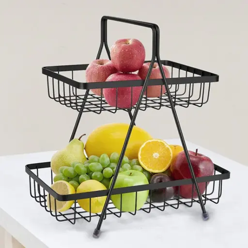 Jainex High Grade Steel 2-Tier Fruit & Vegetable Basket, Countertop Tiered Shelf For Dining Table/Kitchen (Black)